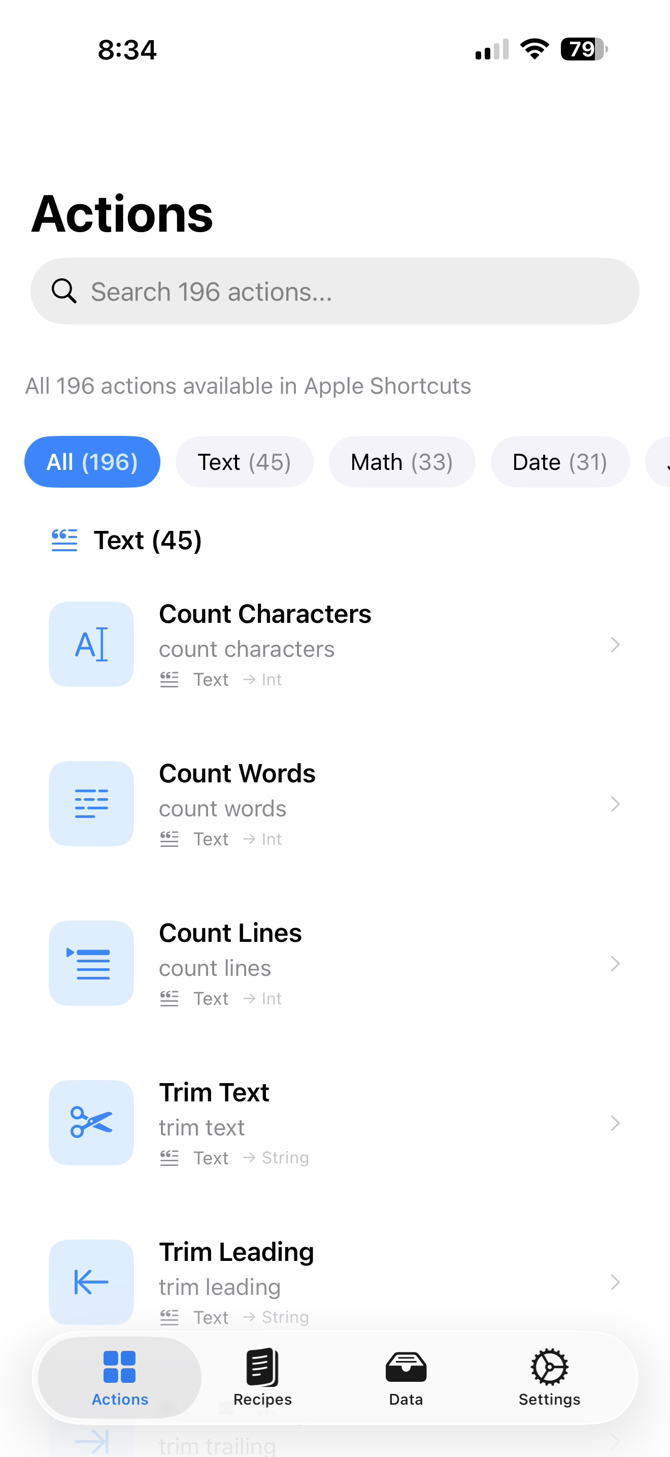 LudyActions showing 196 actions with Text, Math, and Date categories