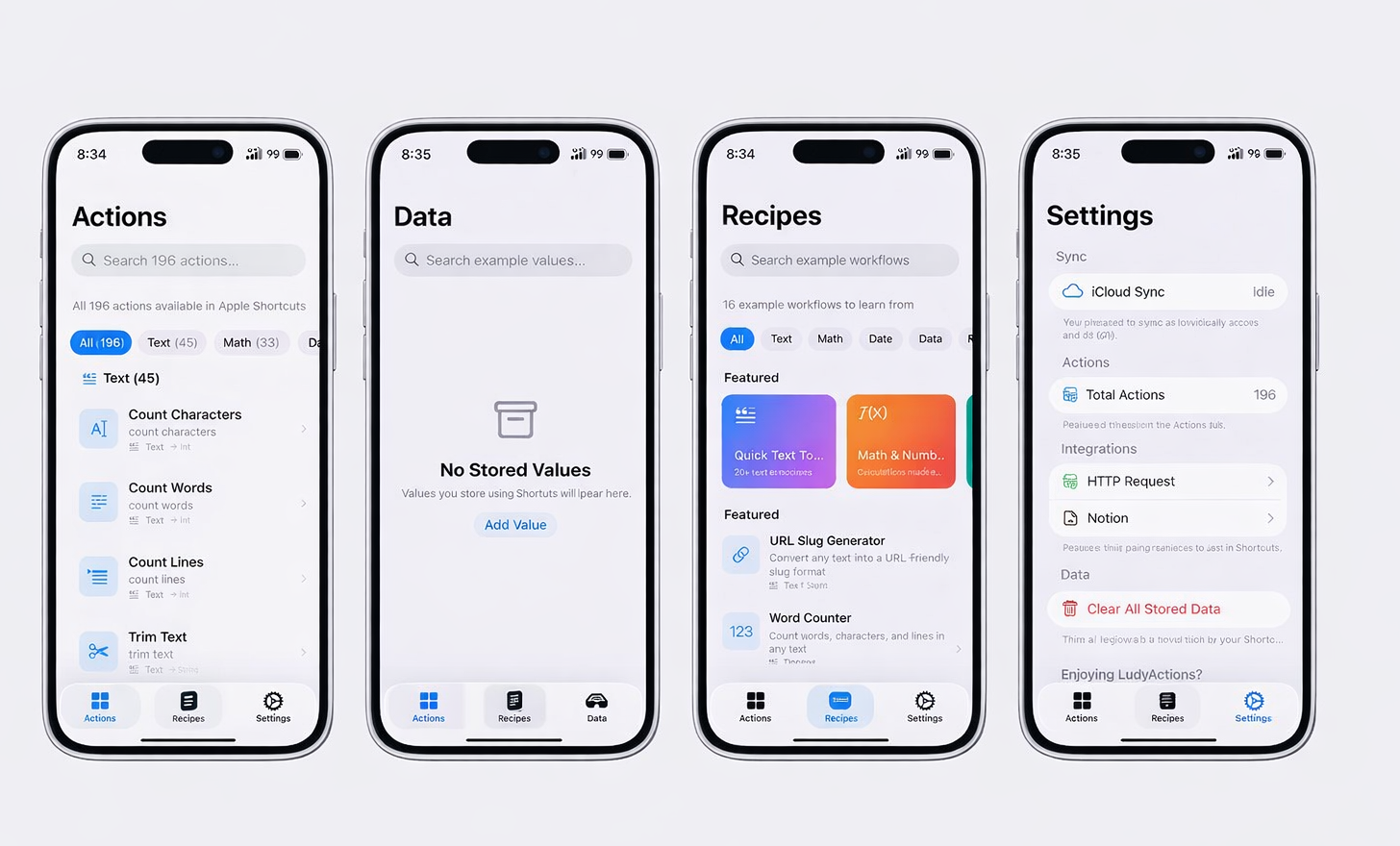 LudyActions app showing Actions, Data, Recipes, and Settings screens