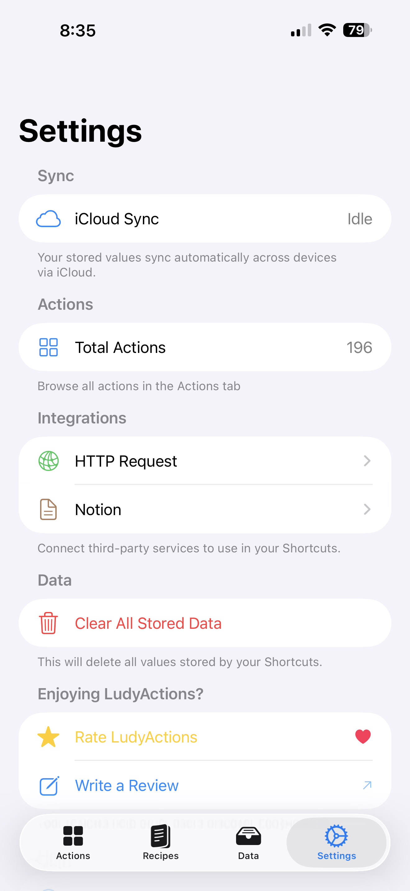 LudyActions Settings showing iCloud Sync and Integrations