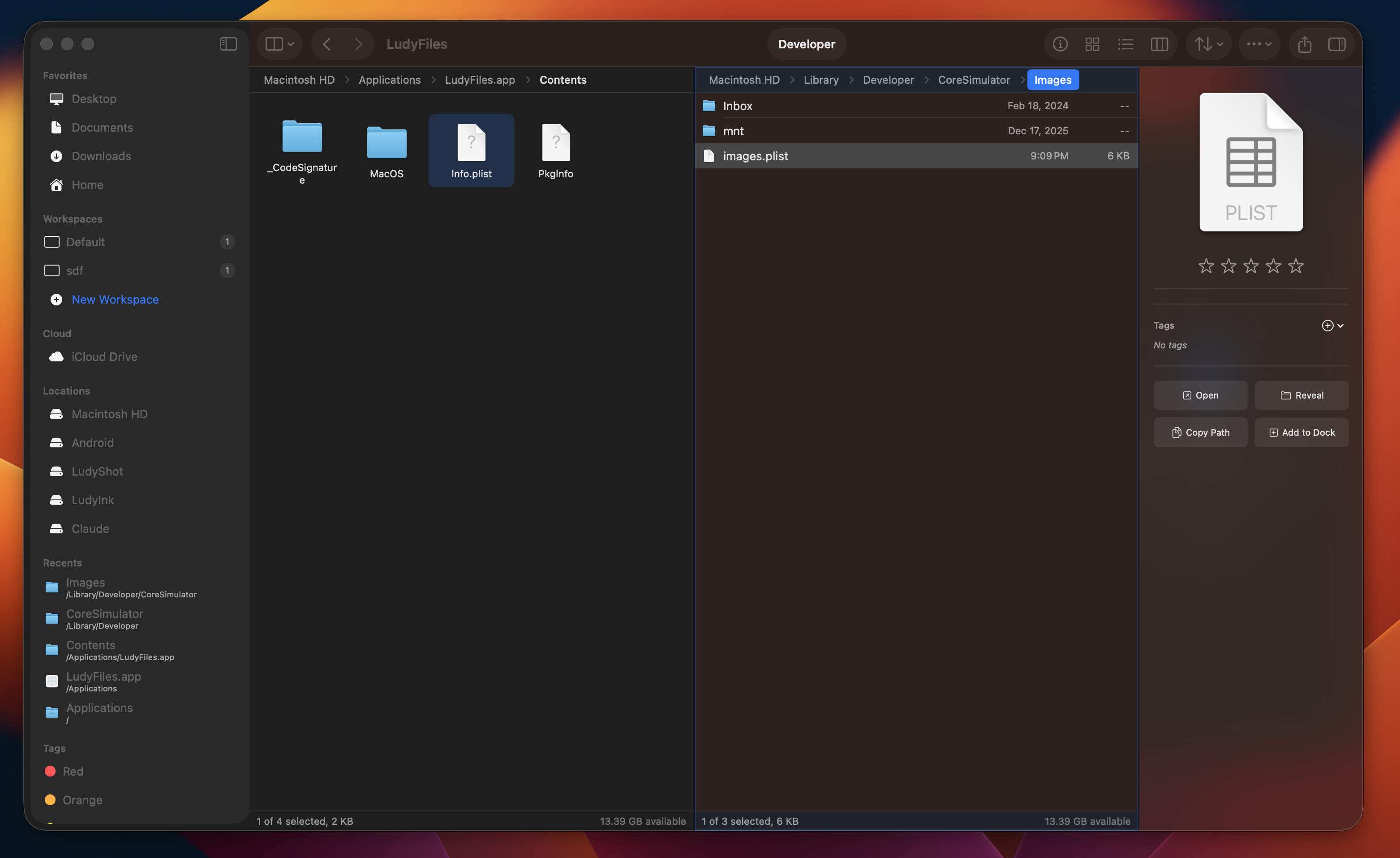 LudyFiles dual-pane file manager showing sidebar, file browser, and preview panel