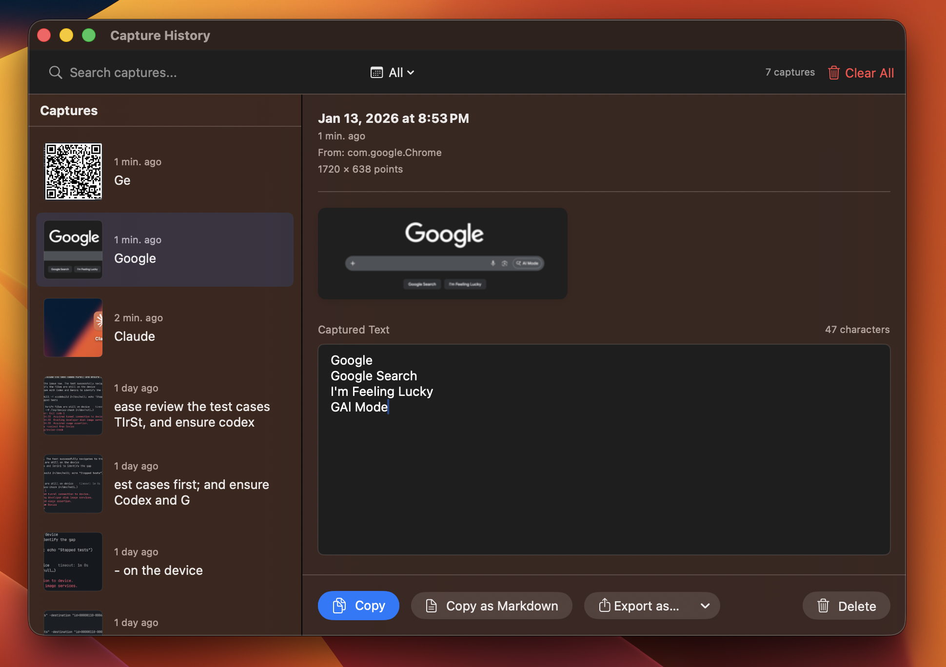 LudyLens capture history - Browse all your text captures with thumbnails and search