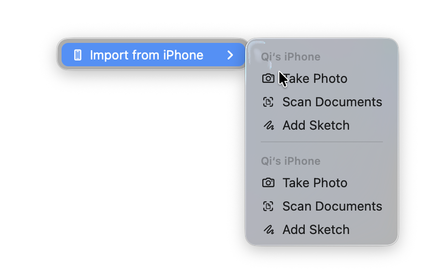 LudyLens Import from iPhone menu showing Take Photo, Scan Documents, and Add Sketch options