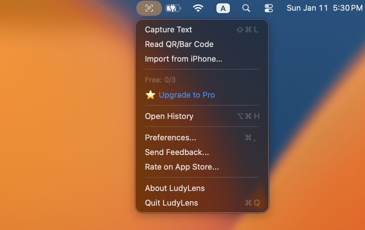 LudyLens menu bar - Quick access to all capture modes
