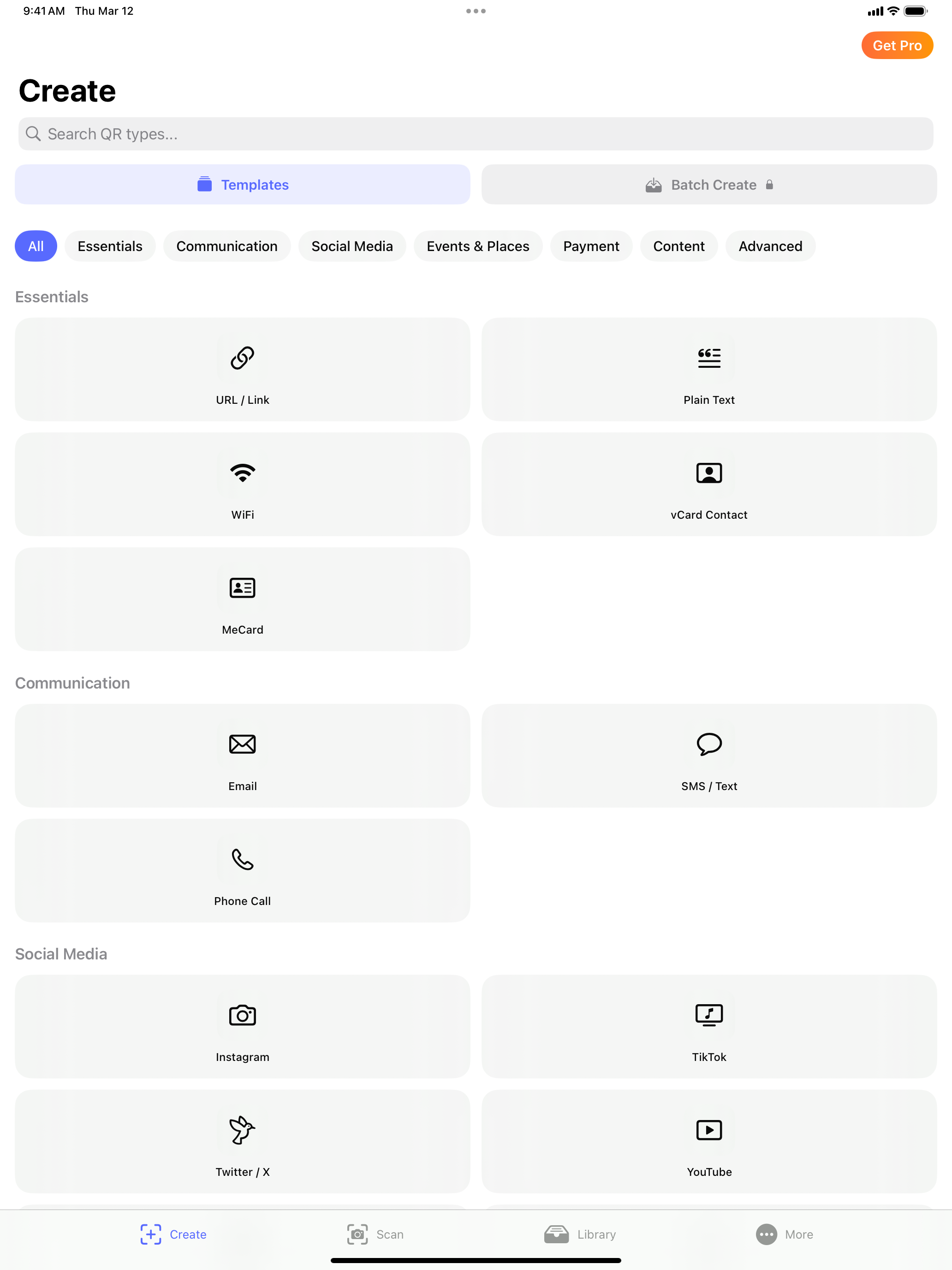 LudyQR Create Hub - Browse 22+ QR code types organized by category