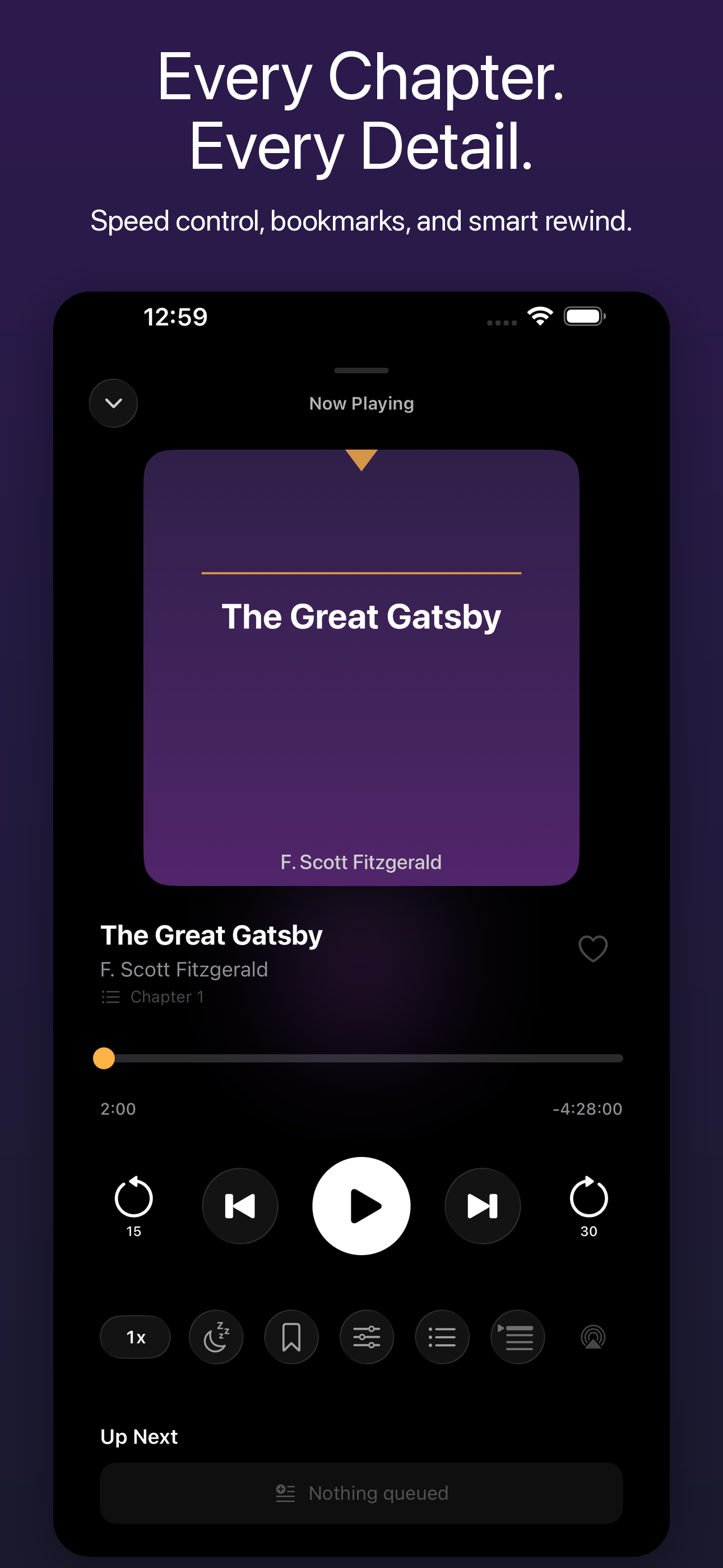 LudyRead now playing screen with chapter navigation and playback controls