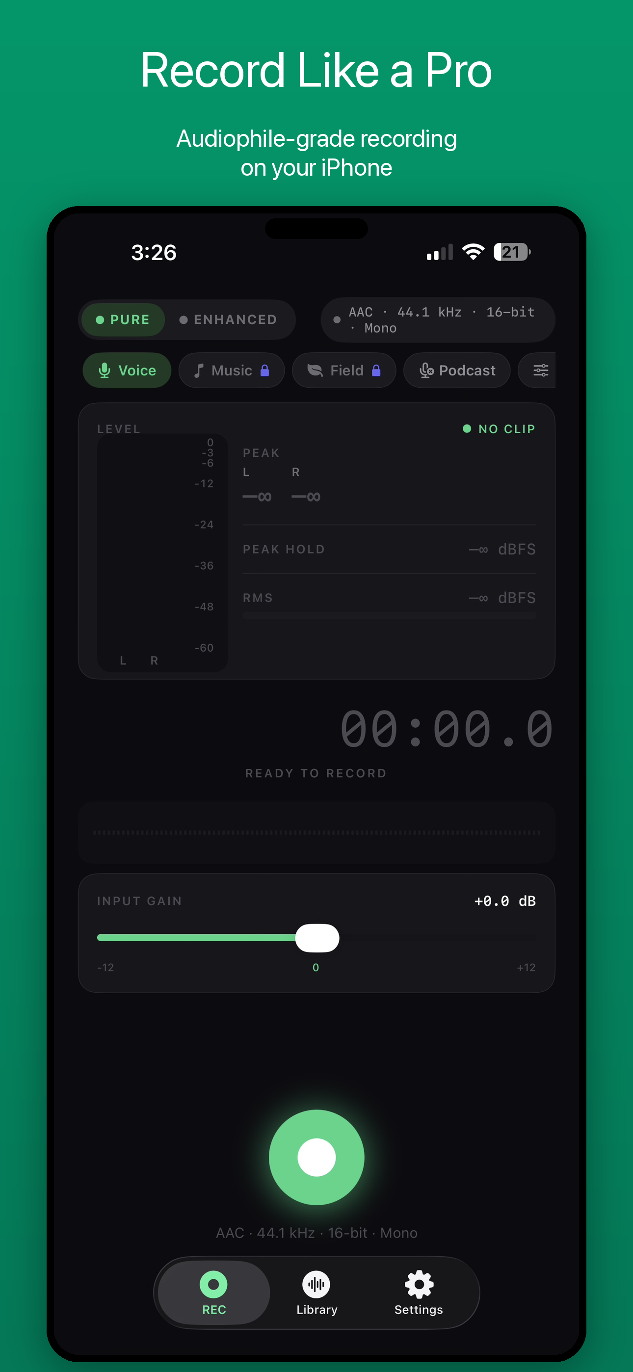 LudyRec recording interface with waveform display and professional controls