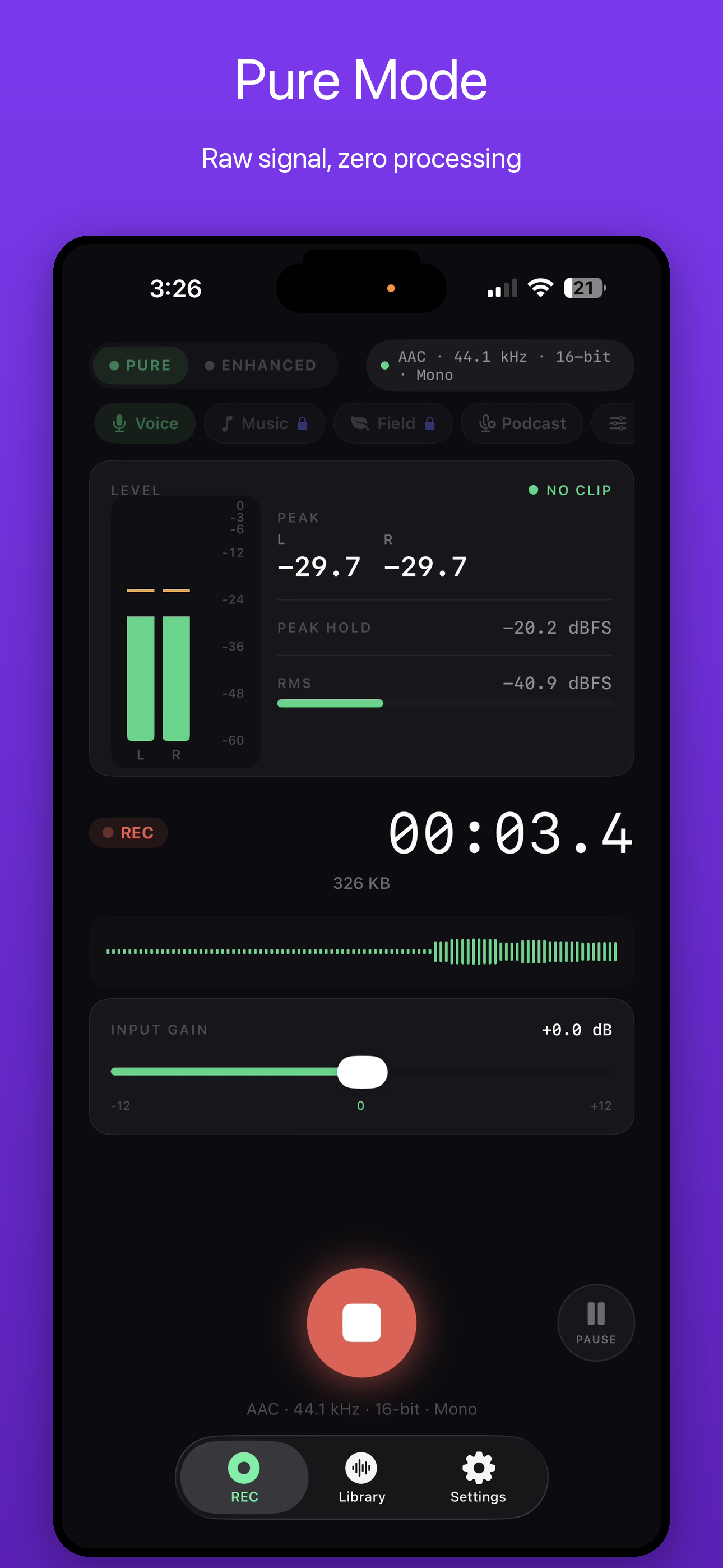 LudyRec Pure Mode with professional peak and RMS metering
