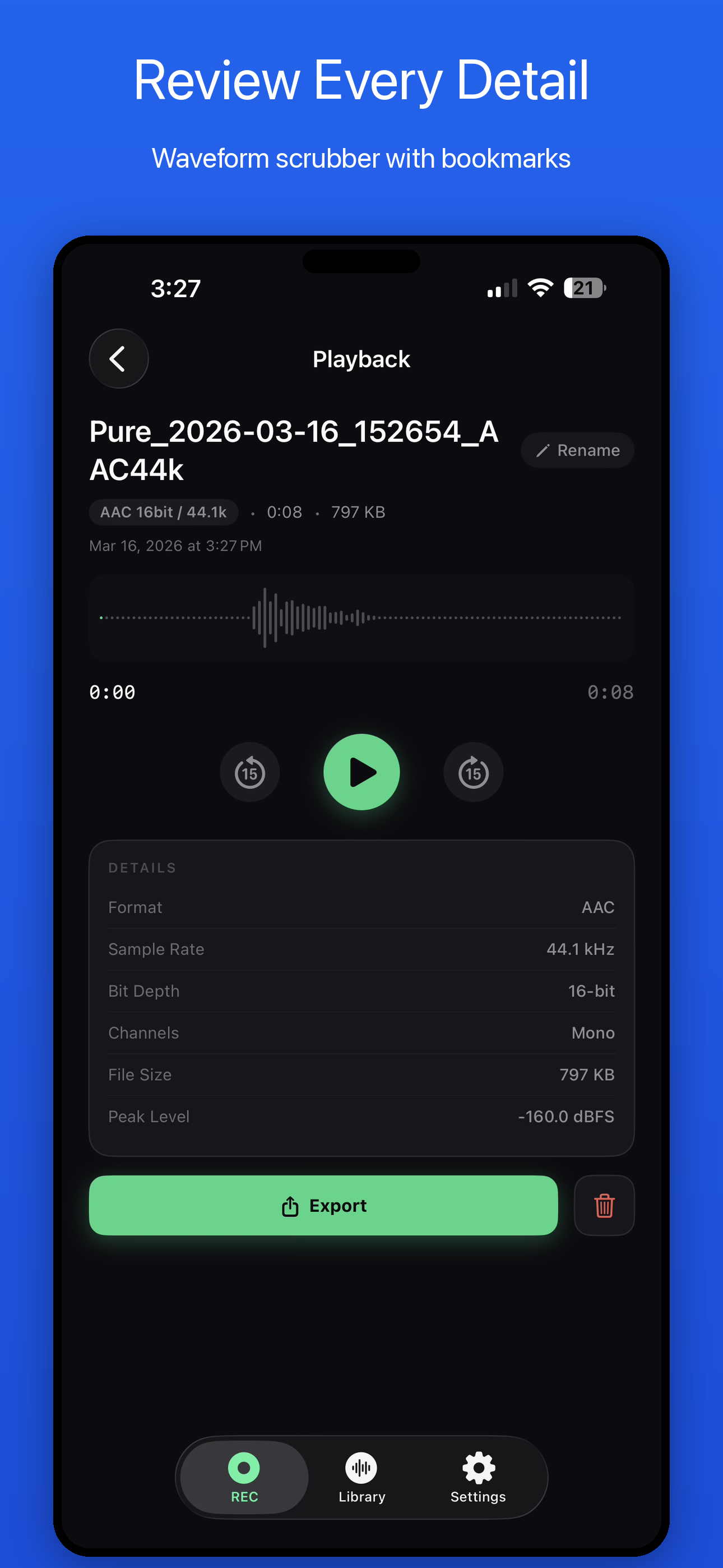 LudyRec professional metering with peak hold, RMS, and spectrogram