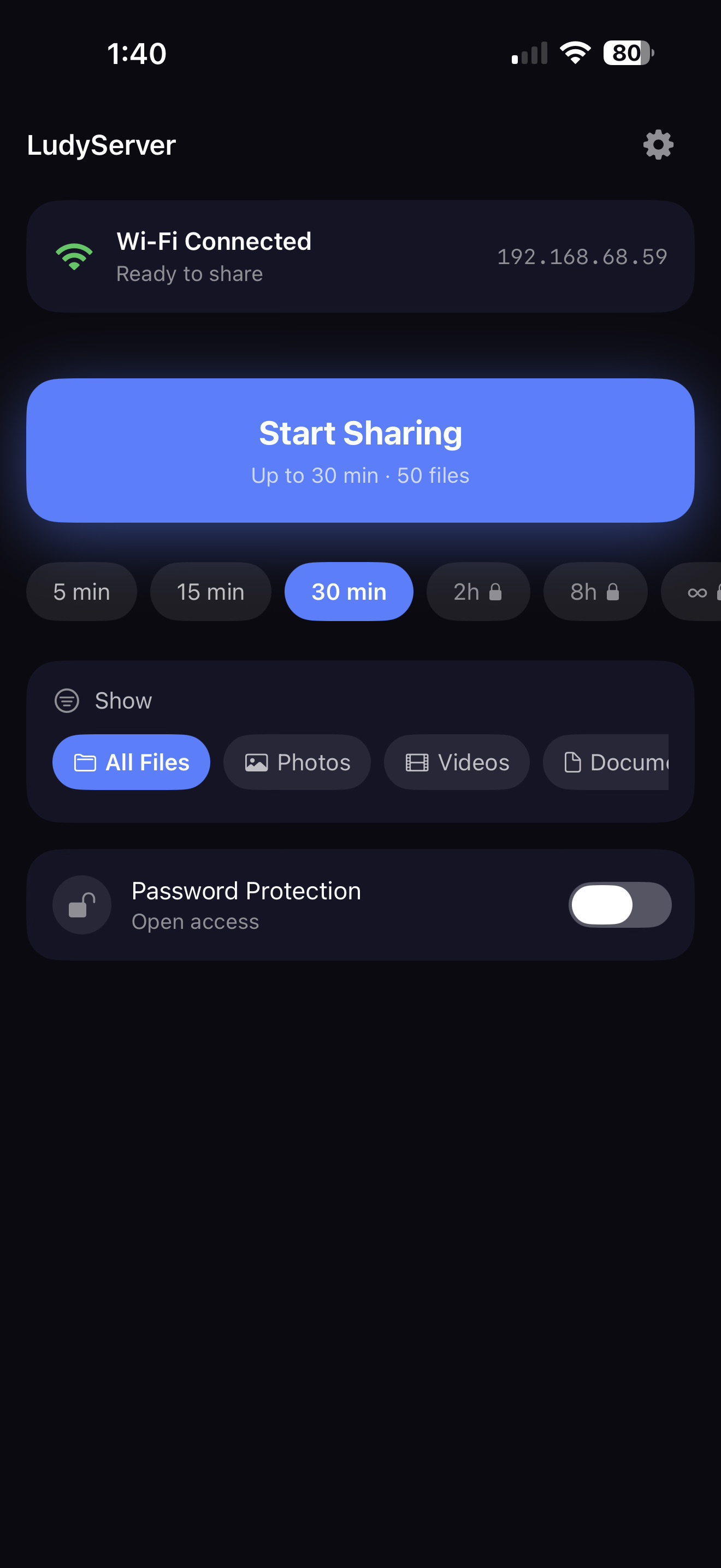 LudyServer main screen - Start sharing with session timer and file type filters