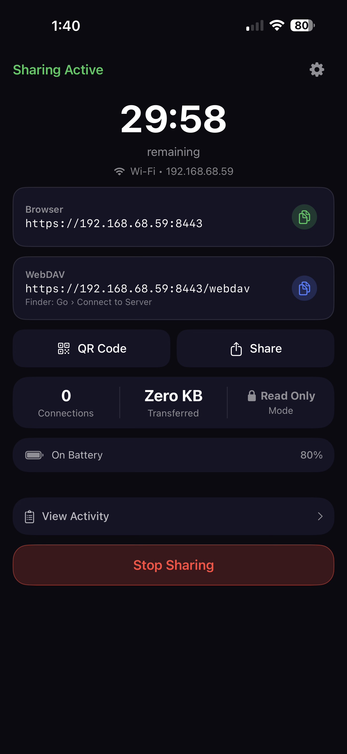 LudyServer sharing active - Browser and WebDAV URLs with connection stats
