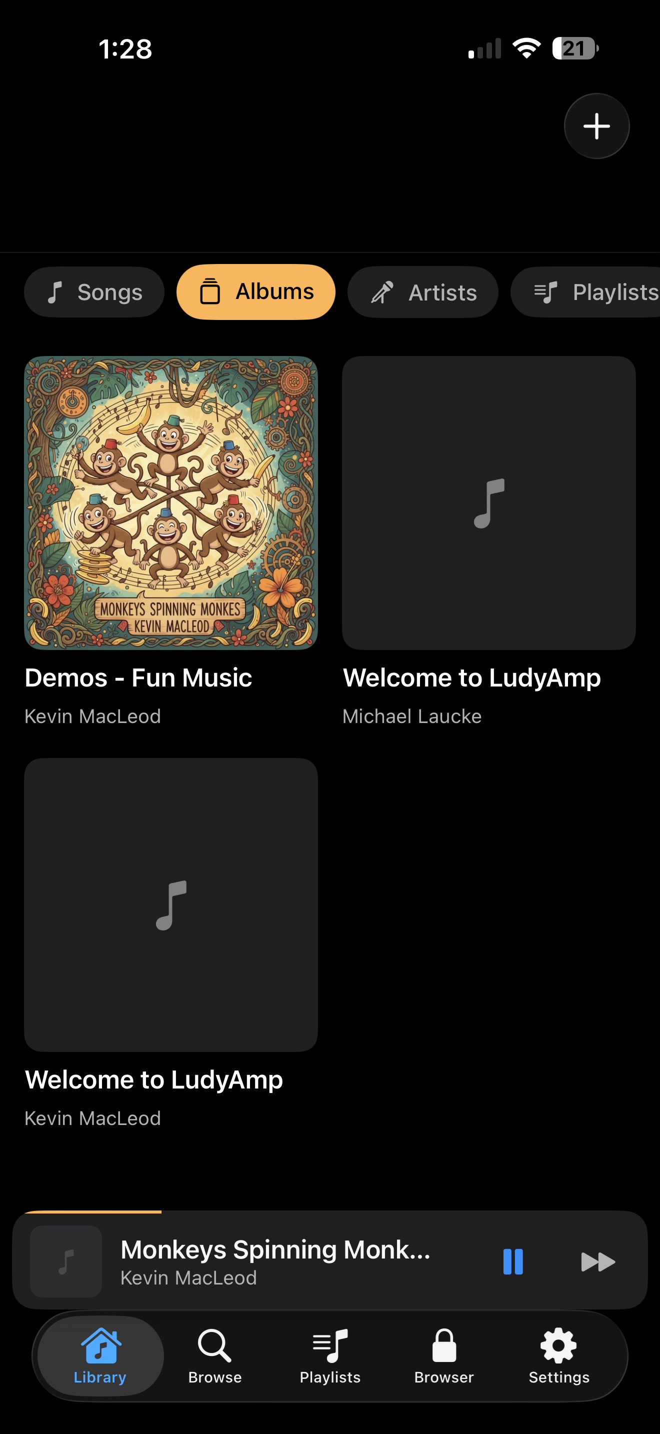 LudyAmp album library with grid view and mini player