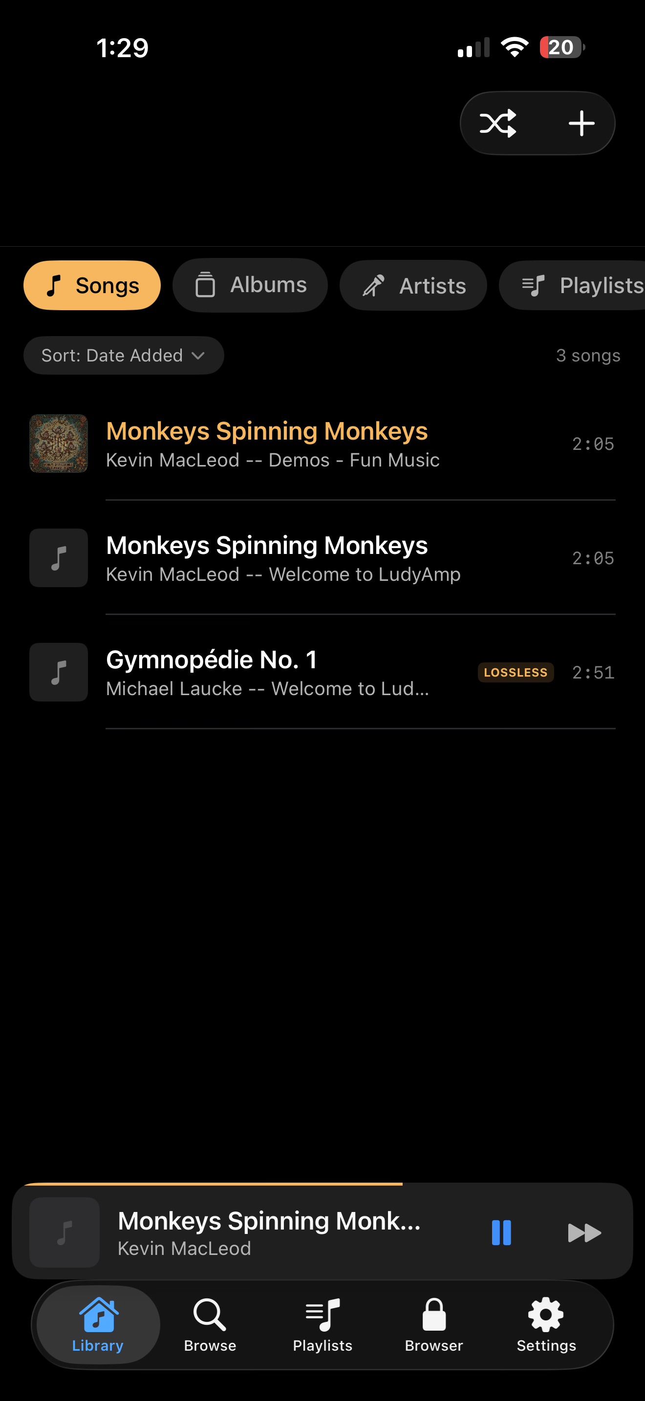 LudyAmp songs list with lossless audio badge