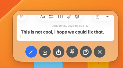 LudyShot pin overlay - Floating note with quick actions for edit, share, and pin