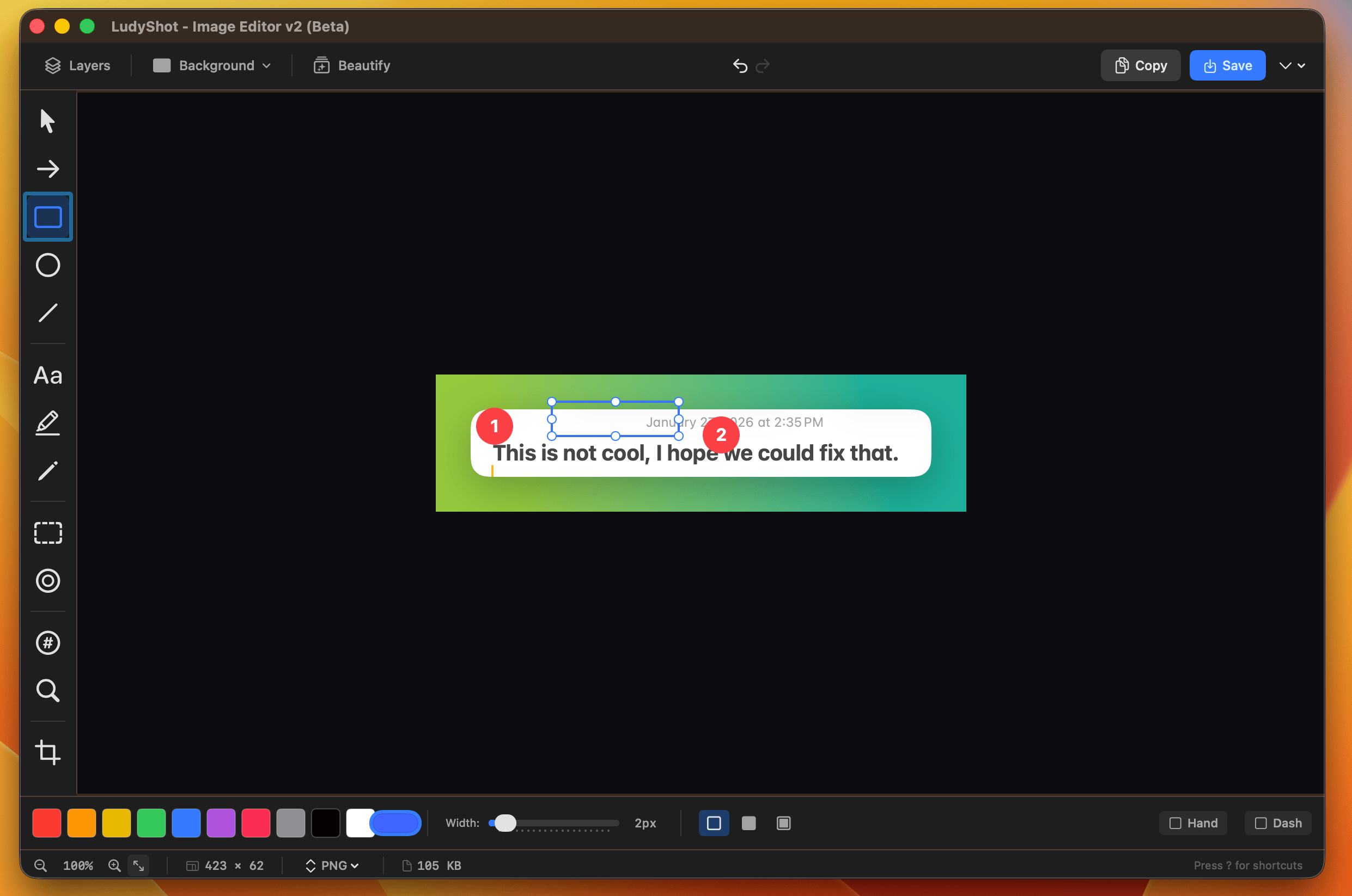 LudyShot Editor - Full annotation toolkit with numbered steps, shapes, and colors