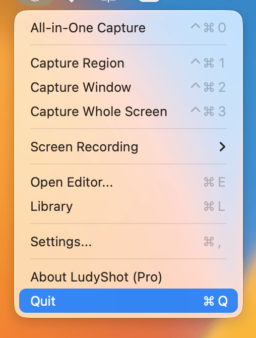 LudyShot menu bar - Quick access to all capture modes and recording options